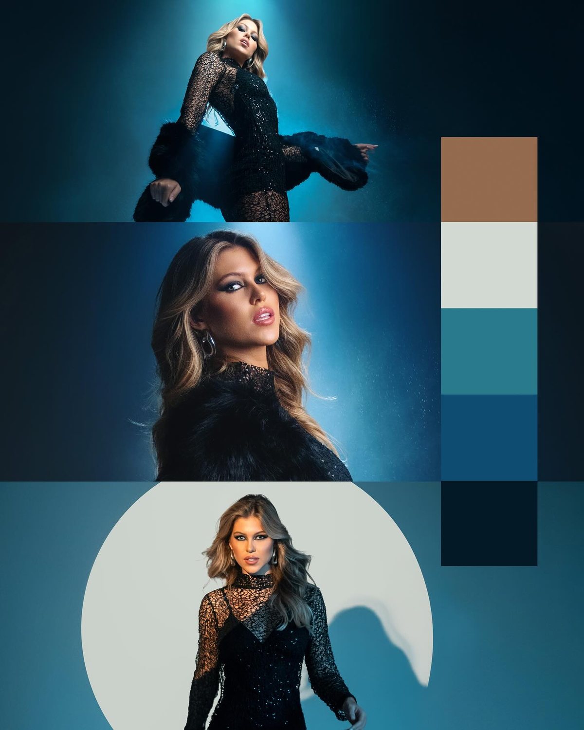 Montagem com paleta azul: retratos com círculo de luz