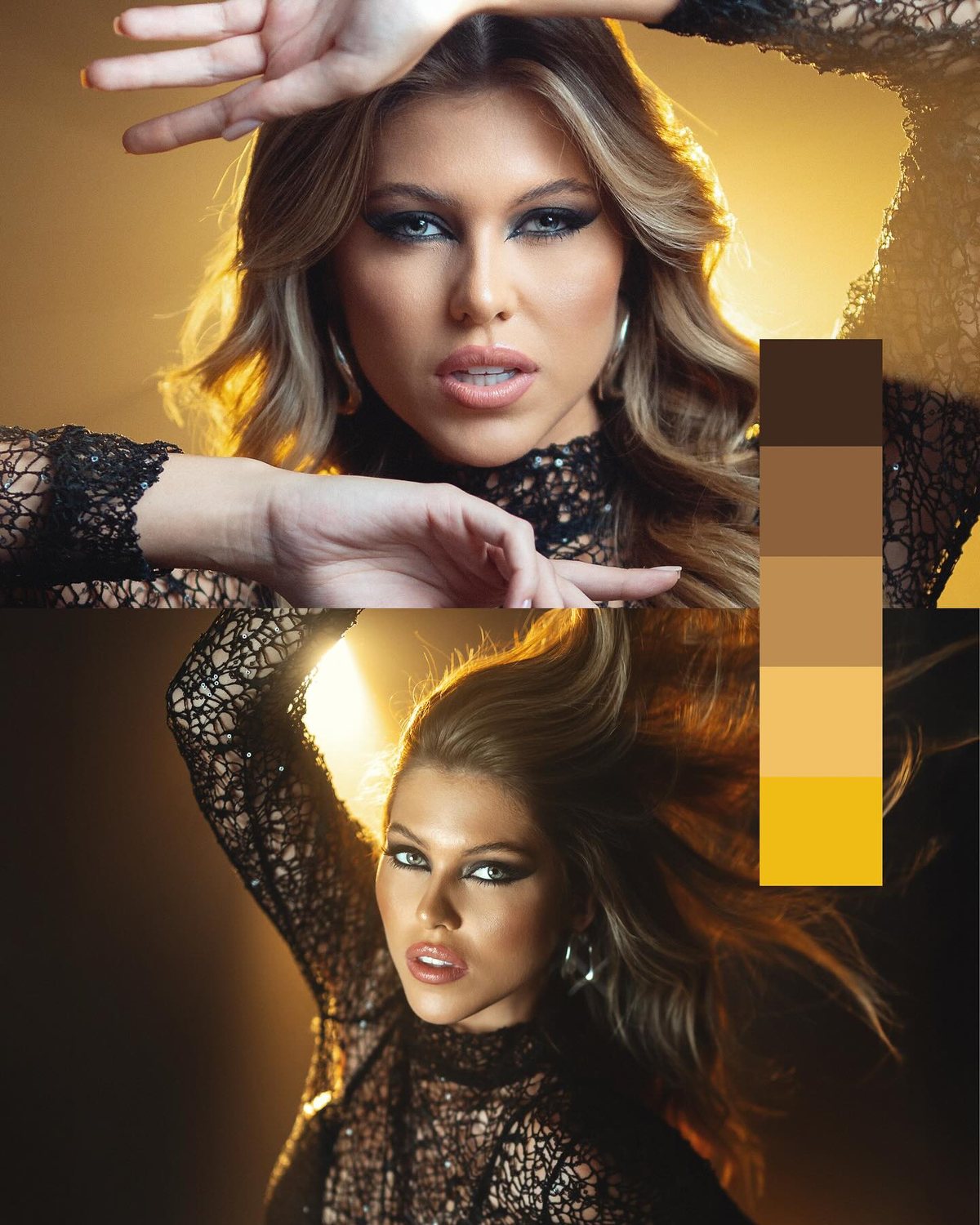 Montagem com paleta dourada: retratos glamour em luz quente