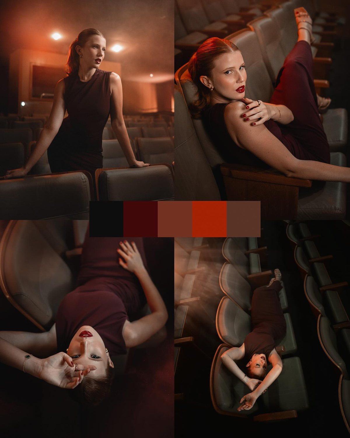 Montagem do ensaio no teatro com a paleta vinho e laranja
