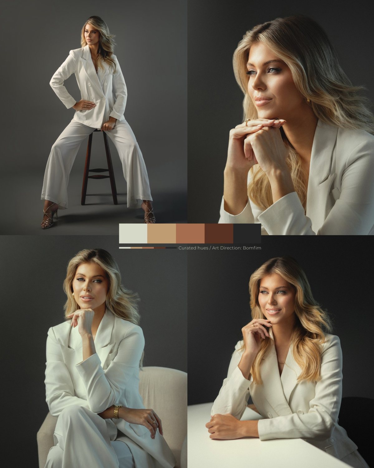 Montagem de quatro retratos de terno branco com a paleta de cores do ensaio